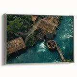 Framed canvas wall art showcasing a serene watermill landscape design, featuring soft hues of blue and green, with a sleek silver frame, ideal for home decor.