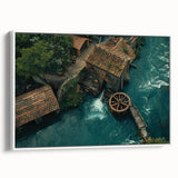 Framed canvas wall art collection showcasing serene watermill landscapes, featuring a white frame, perfect for enhancing home decor with a tranquil touch.
