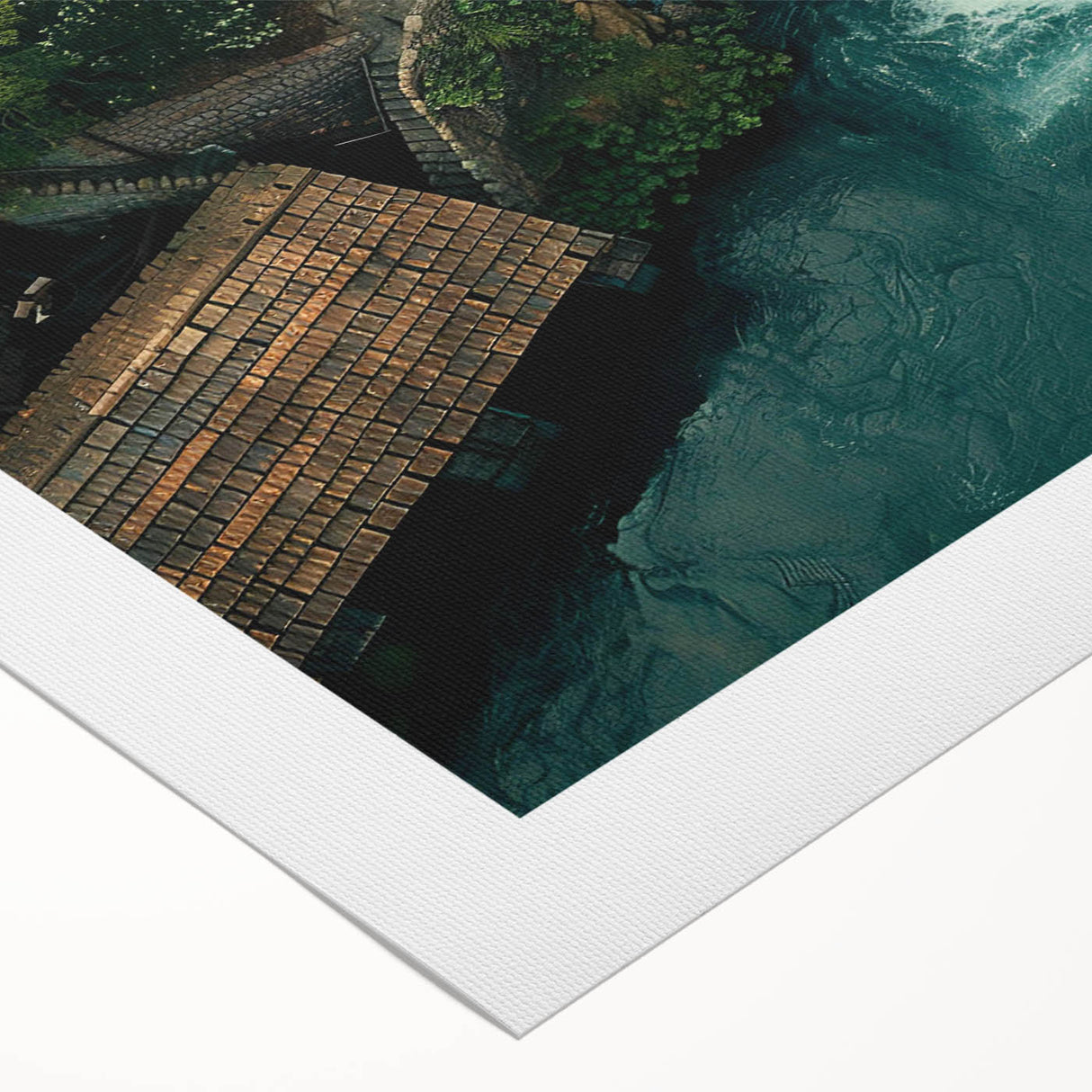 Rolled canvas artwork showcasing a serene landscape with watermills, featuring soft pastel colors and intricate details, perfect for home decor or art collection.