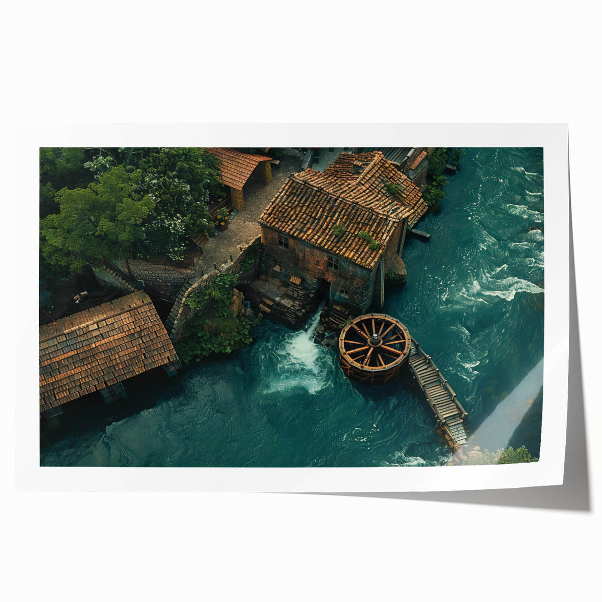 Rolled print of a serene landscape featuring picturesque watermills and lush greenery, designed for wall art collection, showcasing vibrant colors and intricate details.