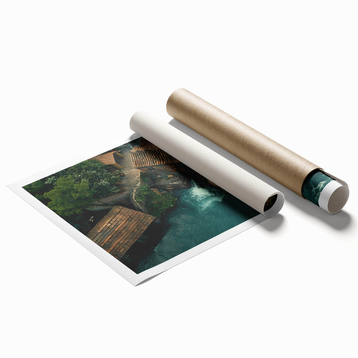 Landscape wall art print showcasing serene watermills surrounded by lush greenery, rolled for easy transport and display, perfect for home decor enthusiasts.