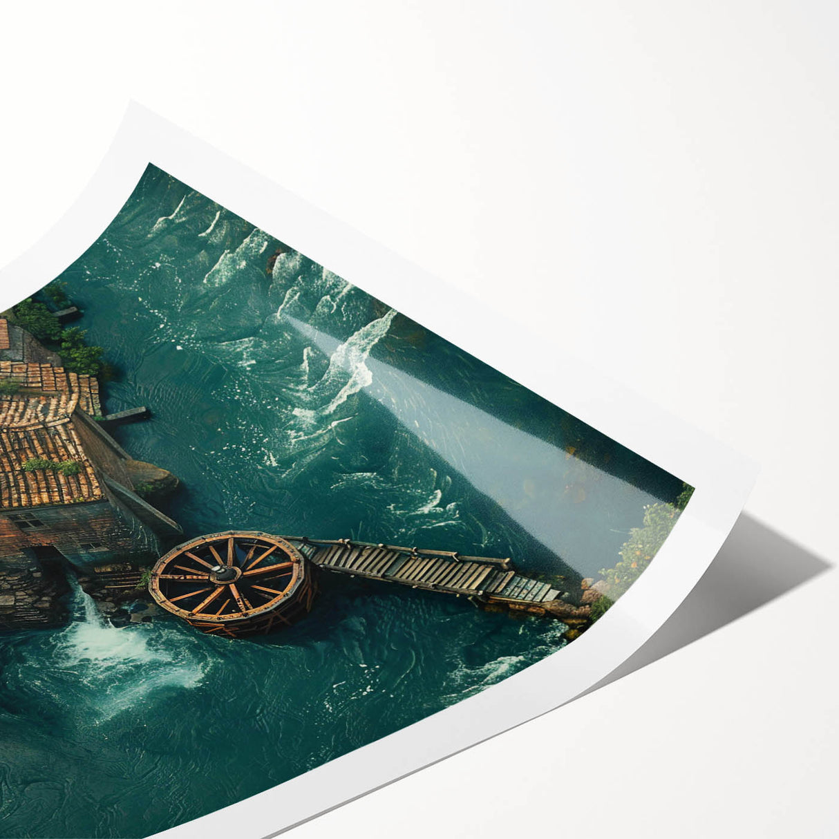 Rolled print of a serene landscape featuring a picturesque watermill surrounded by lush greenery, showcasing vibrant colors and intricate details, perfect for home decor.