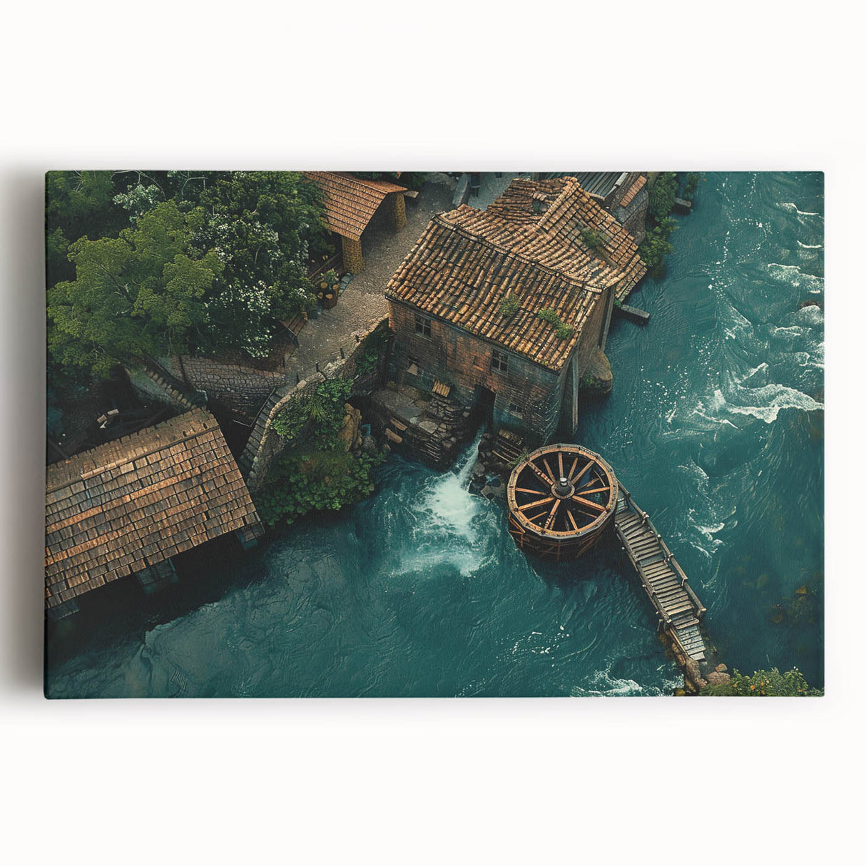 Stretched canvas wall art collection showcasing serene watermill landscapes with vibrant colors and intricate details, perfect for enhancing home aesthetics.
