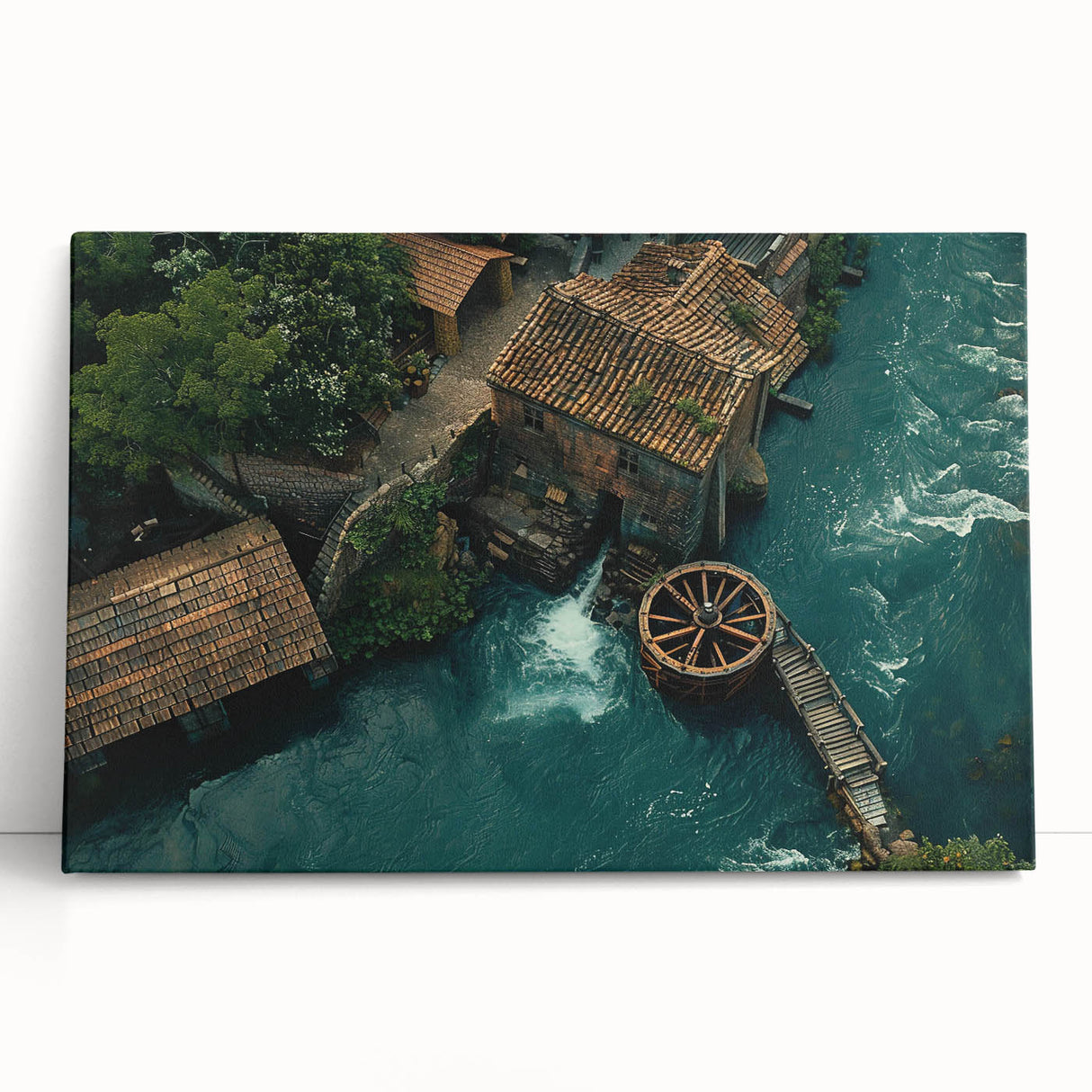 Stretched canvas artwork showcasing a serene landscape of a watermill surrounded by lush greenery, ideal for enhancing home decor with nature-inspired aesthetics.