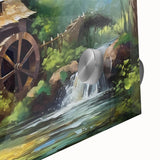 Close-up of a vibrant acrylic glass wall art piece showcasing a serene landscape with a watermill, featuring soft colors and intricate details, perfect for home decor.