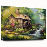 Acrylic glass wall art collection showcasing a scenic view of a watermill surrounded by lush landscapes, displayed with pins for easy mounting.