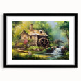 Framed wall art collection showcasing serene watermill landscapes with a black mat, ideal for enhancing home decor and adding a touch of tranquility.