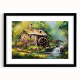 Framed wall art collection showcasing serene watermill landscapes with a black mat, ideal for enhancing home decor and adding a touch of tranquility.