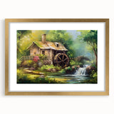 Framed wall art collection showcasing a serene landscape of a watermill, featuring a gold mat and frame, perfect for enhancing home decor with nature-inspired elegance.