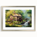 Framed silver wall art featuring a serene landscape design of a tranquil watermill, elegantly matted for a polished look, perfect for home decor enhancement.