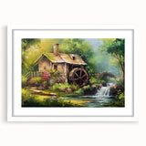 Framed landscape wall art featuring a serene watermill scene with vibrant colors, complemented by a white mat, perfect for home decor and artistic ambiance.