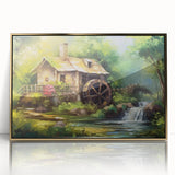 Framed wall art collection showcasing a serene landscape with a watermill, highlighted by a gold-acrylic frame, perfect for enhancing modern interior decor.