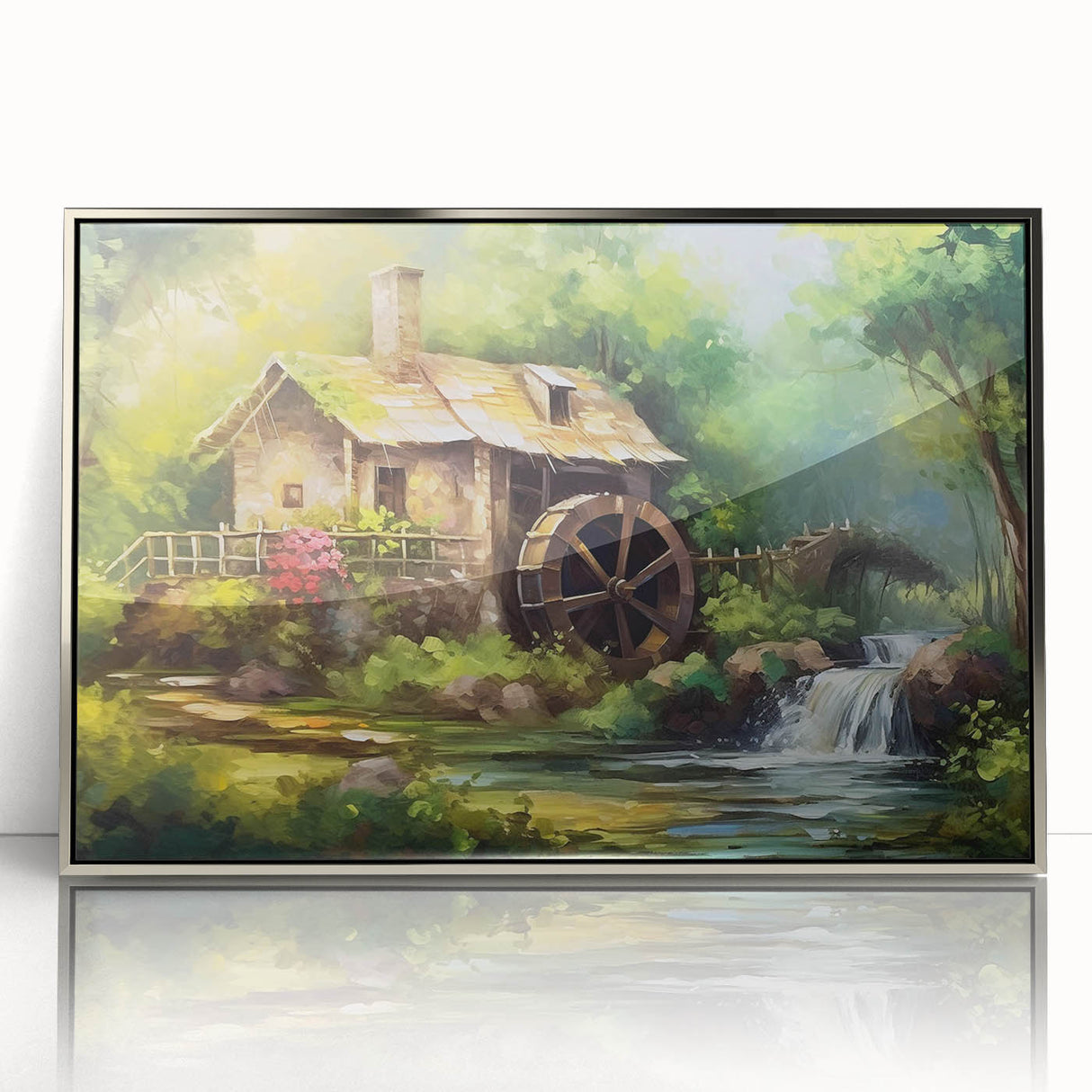 Framed wall art collection showcasing a serene watermill landscape in acrylic, featuring silver accents and a modern design, perfect for home decor.