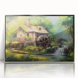 Framed wall art collection showcasing a serene watermill landscape in acrylic, featuring silver accents and a modern design, perfect for home decor.
