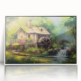 Framed acrylic wall art showcasing a serene landscape of watermills, designed with a contemporary white border, perfect for enhancing modern home interiors.