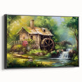 Framed canvas wall art showcasing a serene landscapes and watermills design, featuring a black frame and side view, ideal for home decor enhancement.