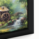 Framed canvas wall art showcasing a serene watermill landscape with lush greenery and a tranquil stream, perfect for home decor or office aesthetics.