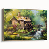 Framed canvas wall art showcasing a scenic watermill landscape with vibrant colors and gold accents, elegantly displayed from a side view, perfect for home decor.