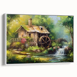 Framed canvas wall art depicting a serene landscape with a watermill, featuring soft earthy tones and a white frame, perfect for home decor enhancement.