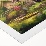 Rolled canvas artwork showcasing a serene landscape of watermills, featuring soft pastel colors and intricate details, ideal for enhancing home decor.