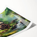 Landscape wall art print showcasing a serene watermill scene, vibrant colors, and intricate details, rolled and ready for framing, enhancing home decor.