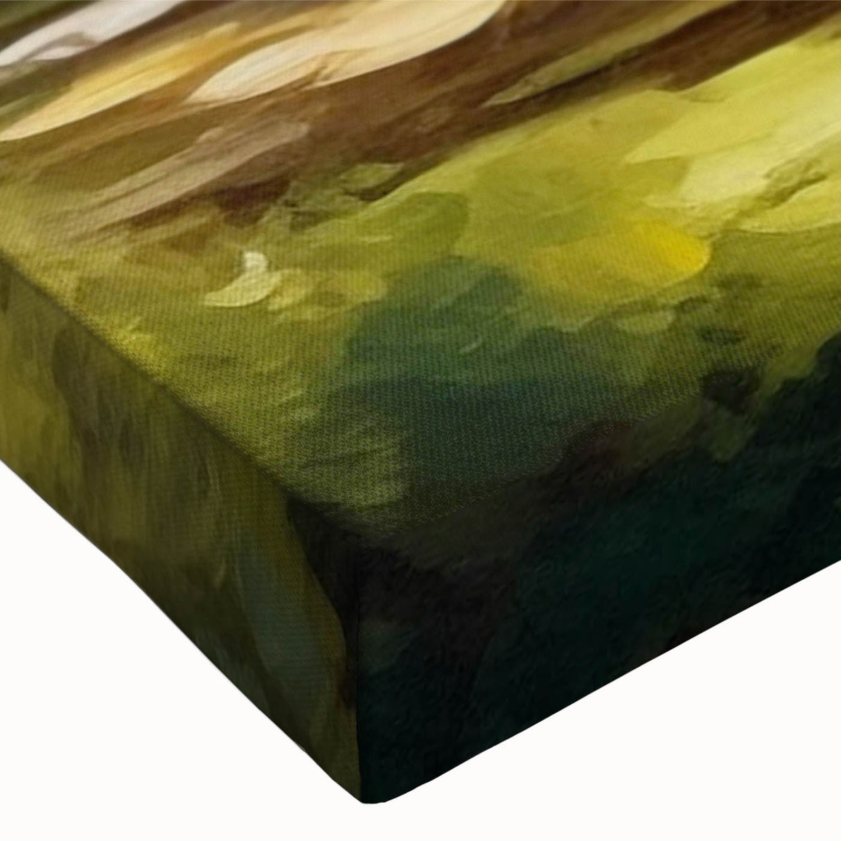 Close-up of a stretched canvas wall art piece showcasing a serene watermill landscape design, featuring soft blues and greens, ideal for home decor enhancement.