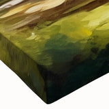 Close-up of a stretched canvas wall art piece showcasing a serene watermill landscape design, featuring soft blues and greens, ideal for home decor enhancement.