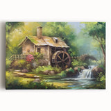 Stretched canvas artwork showcasing a serene watermill landscape scene, featuring soft pastels and intricate details, ideal for home decor enhancement.