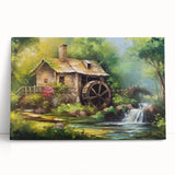 Stretched canvas artwork showcasing serene watermill landscapes, featuring vibrant colors and intricate detailing, perfect for enhancing home decor in a cozy setting.