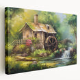 Stretched canvas wall art depicting a serene landscape with watermills, showcasing vibrant colors and intricate details, ideal for enhancing home decor.