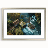 Framed wall art collection showcasing a serene landscape with watermills, featuring a silver frame and mat, perfect for enhancing home decor.