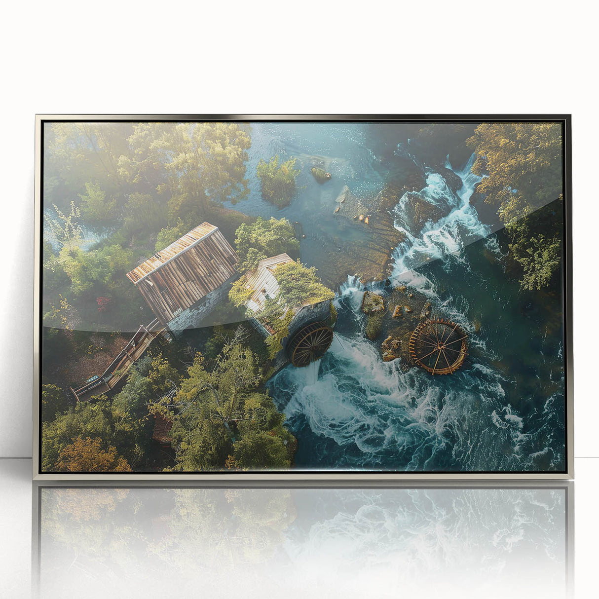 Framed acrylic wall art showcasing a serene watermill landscape design with silver accents, ideal for enhancing modern home decor, creating a calming atmosphere.