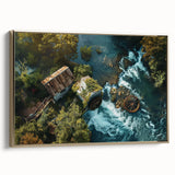 Framed canvas artwork showcasing a stunning landscape with watermills, featuring warm gold accents and a contemporary design, ideal for home decor.