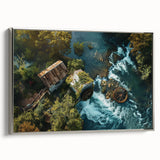 Framed canvas wall art collection showcasing serene landscapes and watermills, featuring a silver frame and elegant side view, perfect for home decor.