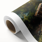 Rolled canvas wall art showcasing a serene watermill landscape design, featuring soft blues and greens, ideal for enhancing home decor with a tranquil ambiance.