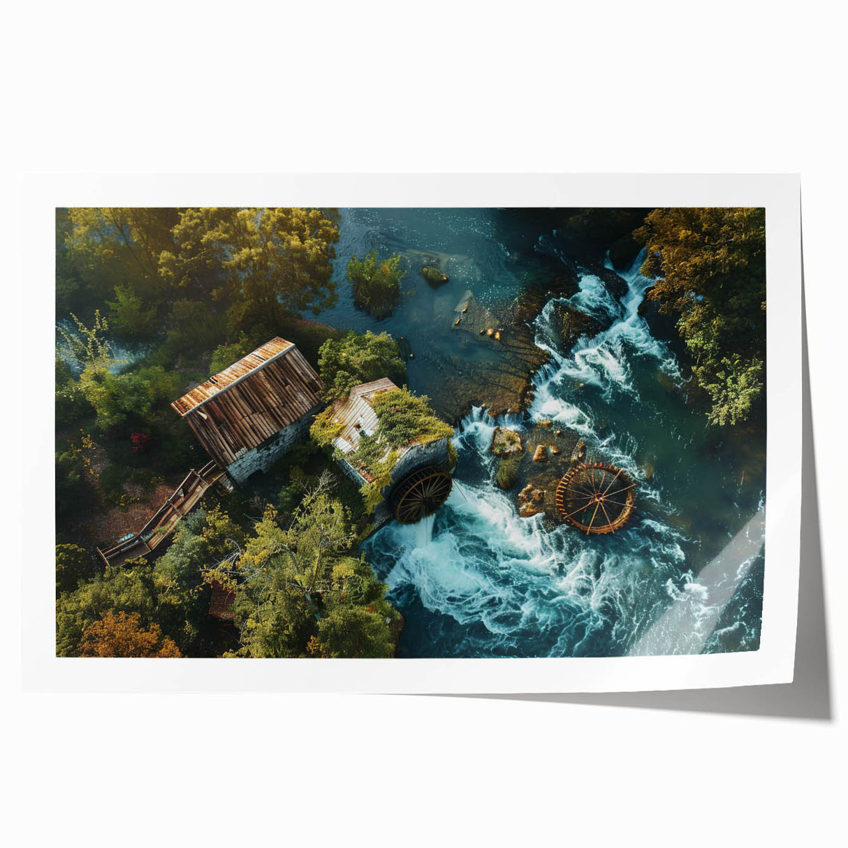Rolled print of a serene landscape featuring a picturesque watermill surrounded by lush greenery and vibrant flowers, ideal for home decor.