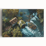 Stretched canvas wall art featuring a serene landscape of watermills surrounded by lush greenery, perfect for adding a calming touch to any room’s decor.