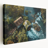 Side view of a stretched canvas showcasing a serene watermill landscape design, featuring vibrant colors and intricate details, perfect for enhancing home decor.