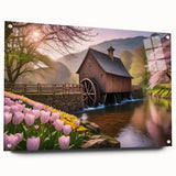 Acrylic wall art collection showcasing a serene landscape with a watermill, featuring vibrant colors and a side view display with pins, perfect for home decor.