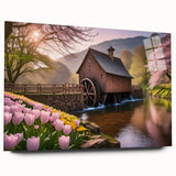 Acrylic wall art collection featuring a serene landscape with watermills, displayed from a side view without pins. The artwork showcases vibrant colors and intricate details, perfect for enhancing home decor.