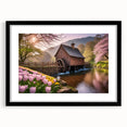 Framed wall art collection featuring serene landscapes and watermills, showcasing a black mat border and elegant design, ideal for home decor.