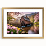 Elegant framed wall art collection showcasing serene watermill landscapes, featuring a gold frame and matting, perfect for enhancing home decor with a touch of tranquility. Ideal for art enthusiasts seeking nature-inspired designs.