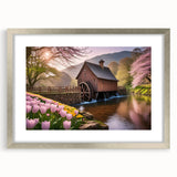Framed silver wall art featuring a serene watermill landscape design, highlighting soft colors and intricate details, perfect for home decor.