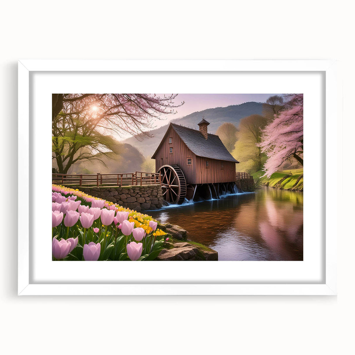 Framed wall art featuring a serene landscape of watermills in soft hues, elegantly displayed with a white mat, perfect for enhancing home decor aesthetics.