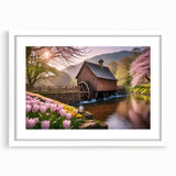 Framed wall art featuring a serene landscape of watermills in soft hues, elegantly displayed with a white mat, perfect for enhancing home decor aesthetics.