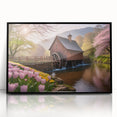 Framed acrylic wall art featuring a serene watermill landscape design in a black frame, showcasing vibrant colors and intricate details, ideal for home decor.