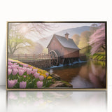 Framed wall art collection featuring a serene watermill landscape design, showcasing vibrant colors and intricate details, elegantly displayed with a gold frame.