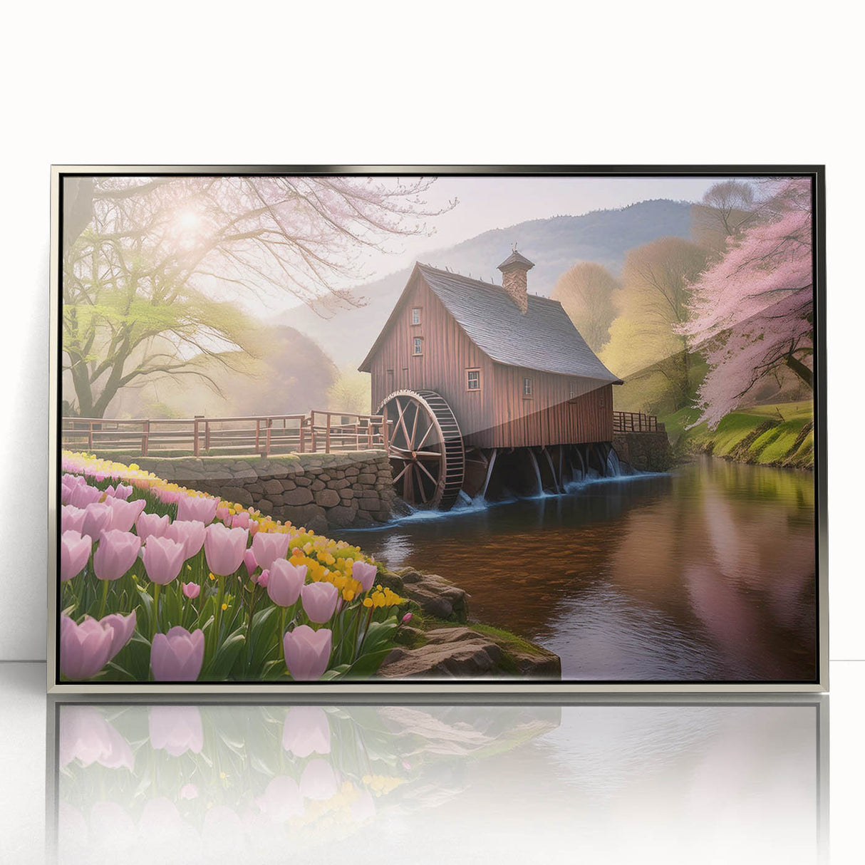 Framed wall art collection depicting serene landscapes with watermills, featuring a sleek acrylic finish and elegant silver frame, ideal for home decor.
