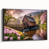 Framed canvas wall art showcasing a serene watermill landscape design, featuring lush greenery and a tranquil water scene, with a sleek black frame enhancing its elegance.