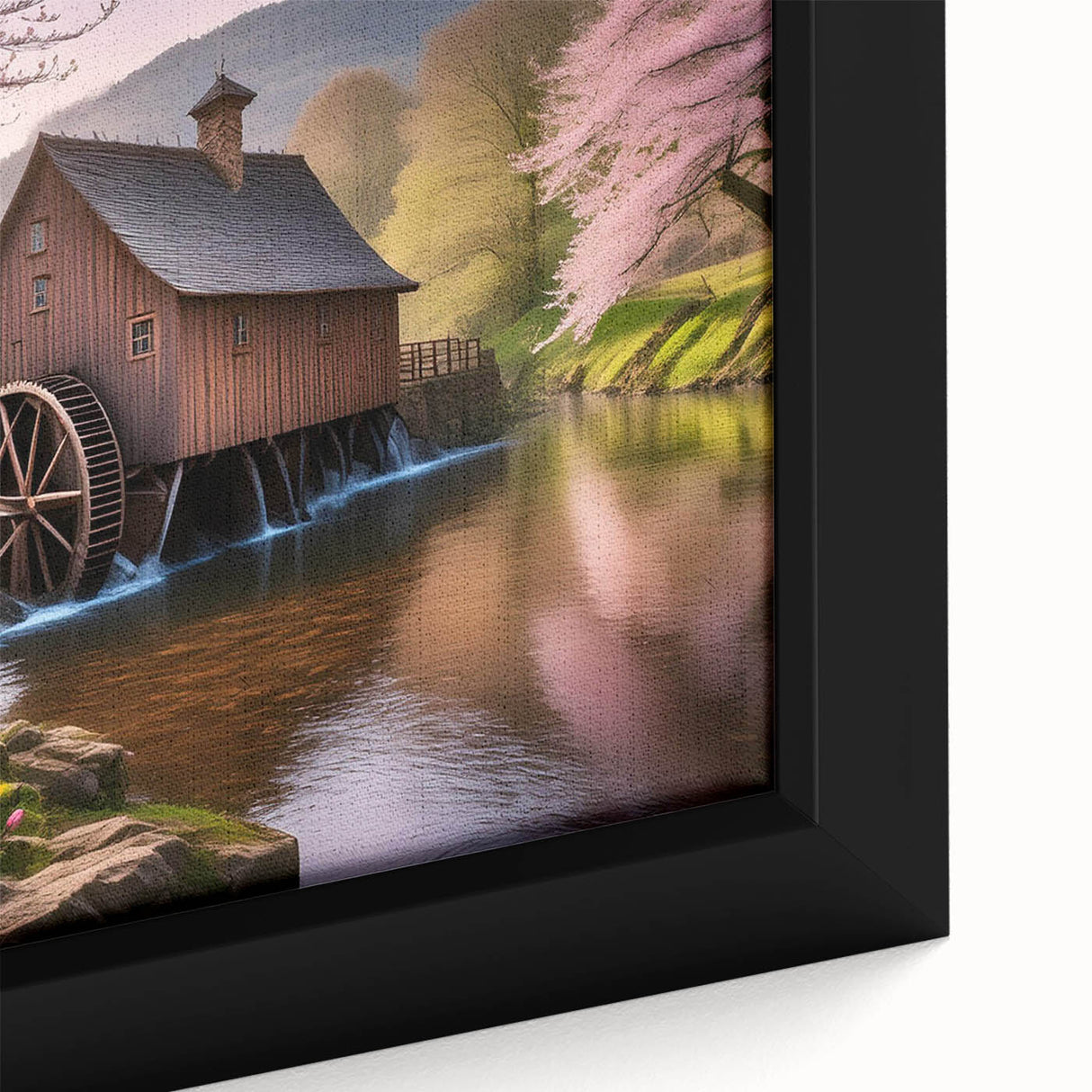 Close-up of a framed canvas artwork depicting a serene watermill landscape, showcasing vibrant greens and rustic browns, perfect for home decor enhancement.